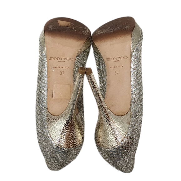 Jimmy Choo Champagne Glitter Luna Peep Toe Platform Pumps Size 37 - Picture 9 of 10